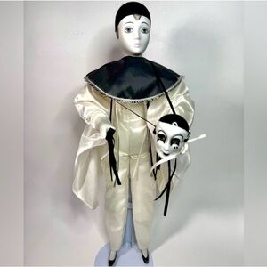 1980s Art Deco Pierrot Harlequin hand painted Porcelain Doll & metal stand